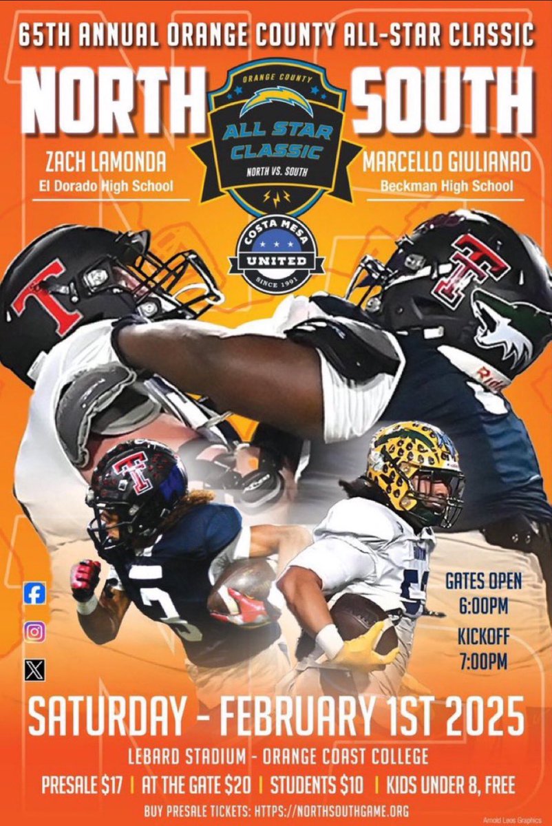 Excited to represent <a href="/LosAlFootball/">Los Al Football</a> in the 2025 OC North vs South All Star game for team North!! Great way to close out my highschool career!!
<a href="/OC_North_2025/">OC North All Stars</a> <a href="/ocregister/">O.C. Register</a> <a href="/ocvarsityguy/">Dan Albano</a> <a href="/GregBiggins/">Greg Biggins</a> <a href="/247Sports/">247Sports</a> <a href="/sixstarfootball/">Six Star Football | PLUS+</a> <a href="/RepMax_io/">RepMax.io</a>