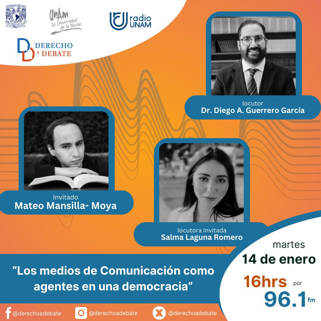 #newyear y nuestro primer episodio #envivo es #mañana, no te lo pierdas por <a href="/RadioUNAM/">Radio UNAM</a>  “Los medios de comunicación como agentes en una democracia” junto a <a href="/moya_mansilla/">Mateo Mansilla-Moya</a> director editorial de <a href="/revistaabogacia/">Revista abogacía</a> 
🎙️ <a href="/DiegoAGuerreroG/">Diego Guerrero</a> 
🎙️ #salmalaguna