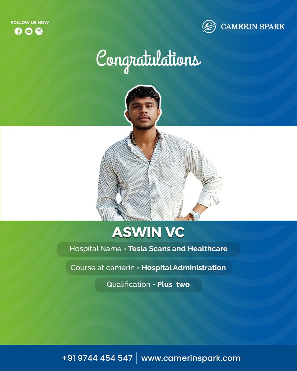 Camerin_Spark's tweet photo. Huge congratulations to Aswin VC on joining Tesla Scans and Healthcare! 

His dedication and passion for Hospital Administration have earned him this outstanding opportunity.

Wishing him a stellar healthcare career filled with growth, success, and making a meaningful impact! https://t.co/OsBuhzAlfs