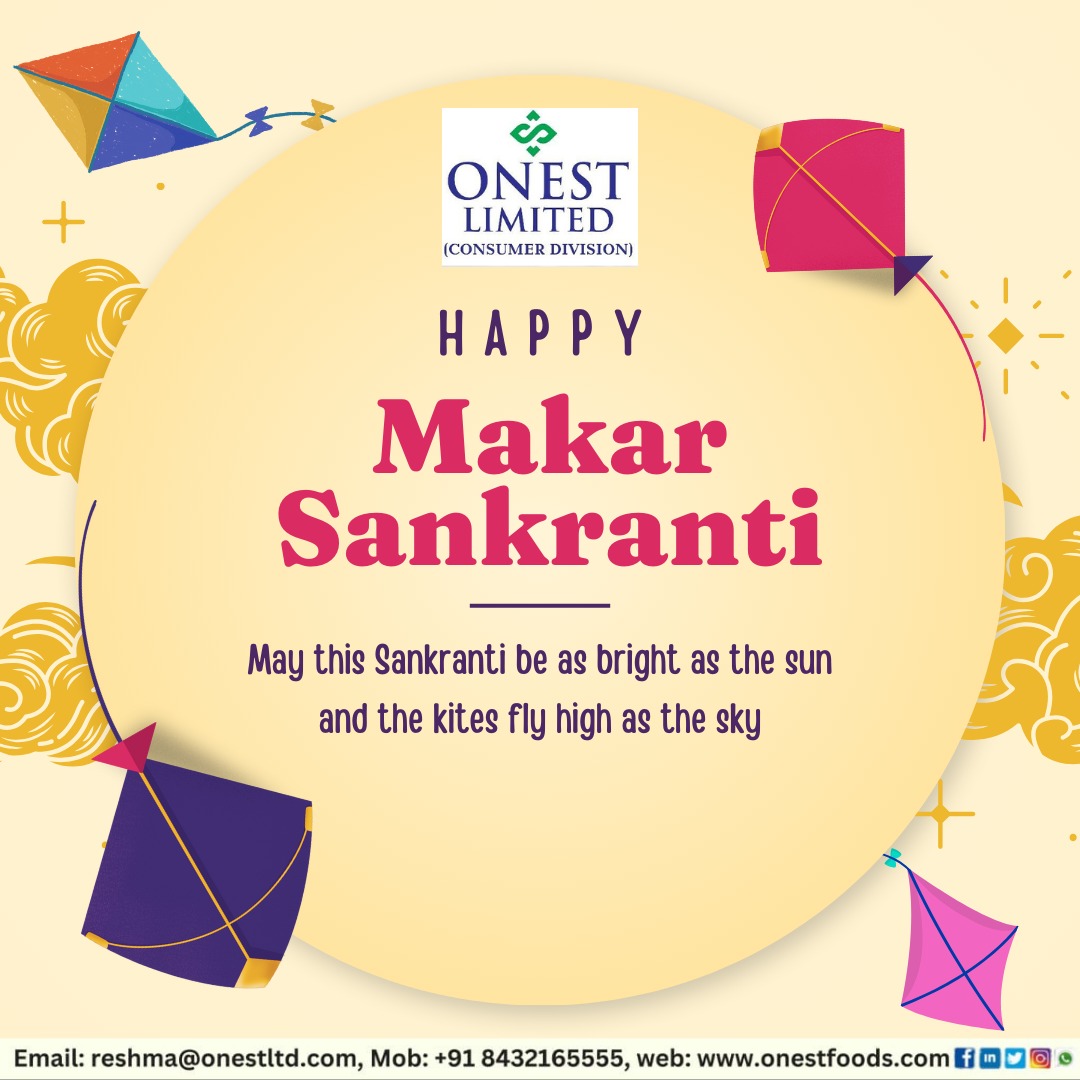 Onest_OCL's tweet photo. "Wishing you a joyous Makar Sankranti. May this festive season bring you renewed energy, success, and prosperity.
#onestlimited #onest #onestfood  #foods  #consumerdivision #happymakarsankranti #kites #expoter #fmcg https://t.co/3QjsggMU4X