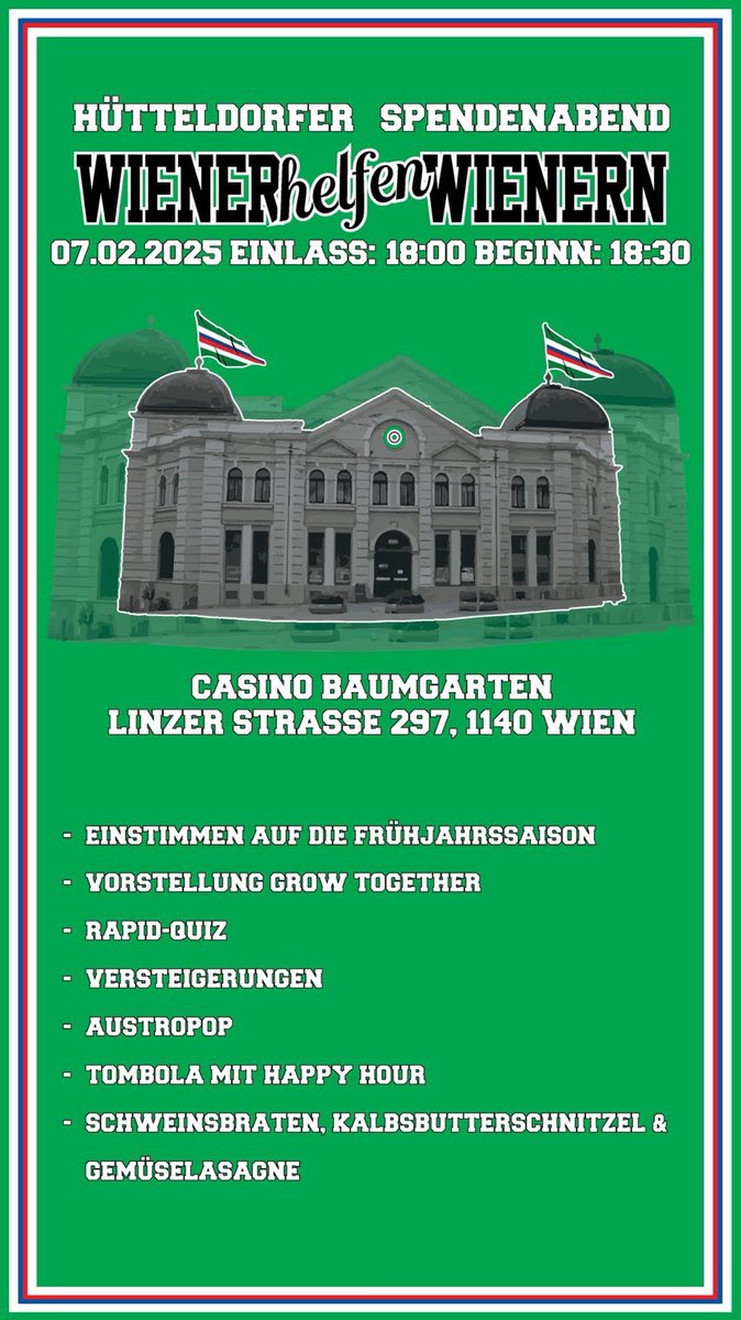 SektionMeidling's tweet photo. Hütteldorfer Spendenabend 2025

Freitag, 7.2.2025, 18:00 Uhr, Casino Baumgarten

https://t.co/3UqXLC0pPH https://t.co/fbvpxP3BZx