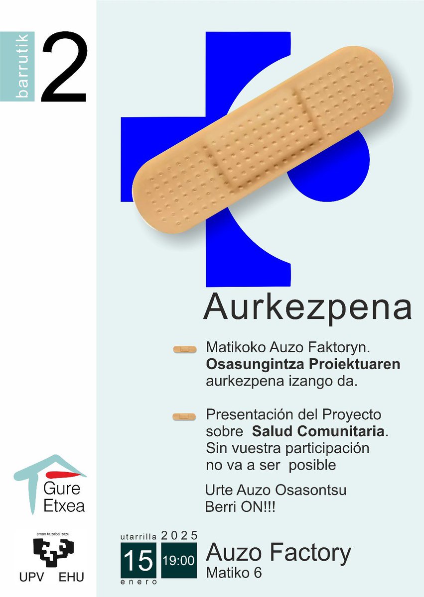 📢 ¡Os esperamos!
🔵 Presentación del Proyecto de Salud Comunitaria en #Uribarri <a href="/upvehu/">UPV/EHU</a> 
📍 Auzo Factory, Matiko 6
🗓️ 15 de enero, 2025
🕖 19:00

¡Volvamos a cohesionar el barrio!
#SaludComunitaria #ParticipaciónCiudadana #Bilbao #CampusBiziaLab