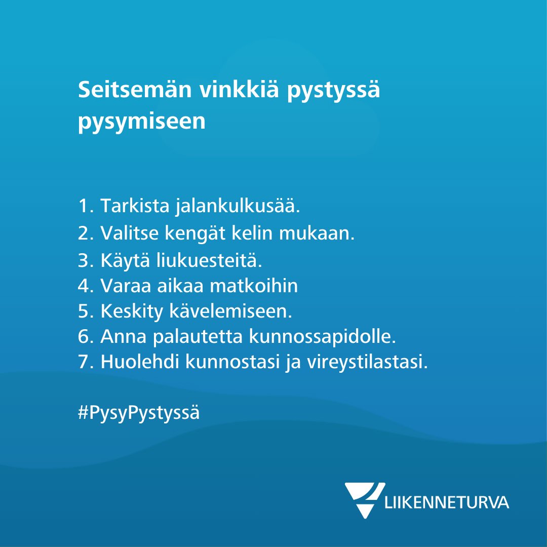 Liikenneturva's tweet image. Joka kolmas suomalainen liukastui viime talvena, kertoo Liikenneturvan kysely. Liukkaisiin voi varautua pitävillä kengillä ja/tai liukuesteillä, keskittymällä kävelyyn ja olemalla kiirehtimättä: liikenneturva.fi/ajankohtaista/… #PysyPystyssä