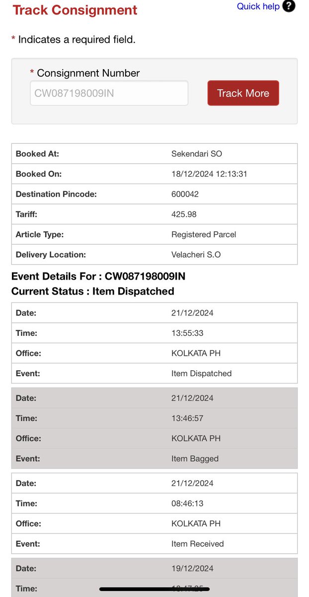 I am waiting for an important parcel for last two weeks which was sent via <a href="/IndiaPostOffice/">India Post</a> … tracking id showing its dispatched from Kolkata on 21.12.2024 and nothing after that… I have raised a complaint also sent email but no response yet… <a href="/IndiaPostOffice/">India Post</a> please help