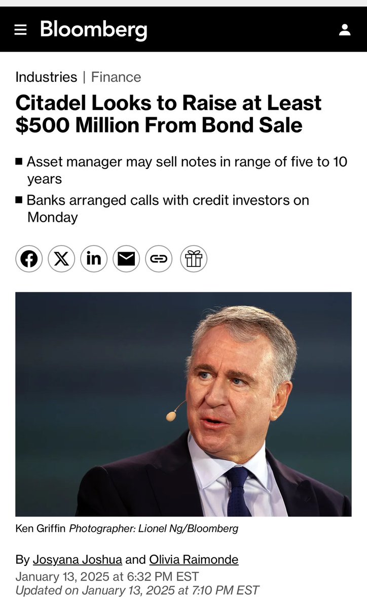kshaughnessy2's tweet photo. "Citadel Looks to Raise at Least $500 Million From Bond Sale"

"Citadel LP, the hedge fund manager founded by Ken Griffin, is looking to raise at least $500 million through a corporate bond sale, according to people with knowledge of the transaction...."

The offering may include notes with maturities in the range of five to 10 years, said the people, asking not to be identified discussing private information..."