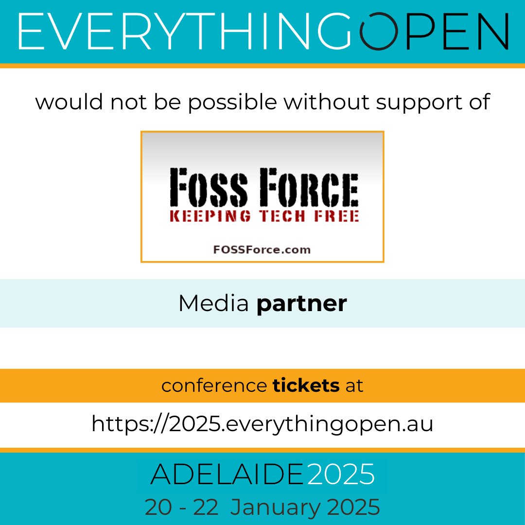 _everythingopen's tweet photo. Everything Open 2025 would not be possible without our sponsors.

Media Partner: FOSS Force. Visit: https://t.co/3zEJbq9yvC

Program: https://t.co/bNmhdnV4M1
Tickets: https://t.co/UCLTaMU7O8

#EO2025 #EverythingOpen #conference #openSource @FOSSForce https://t.co/K9KsOxSSqf