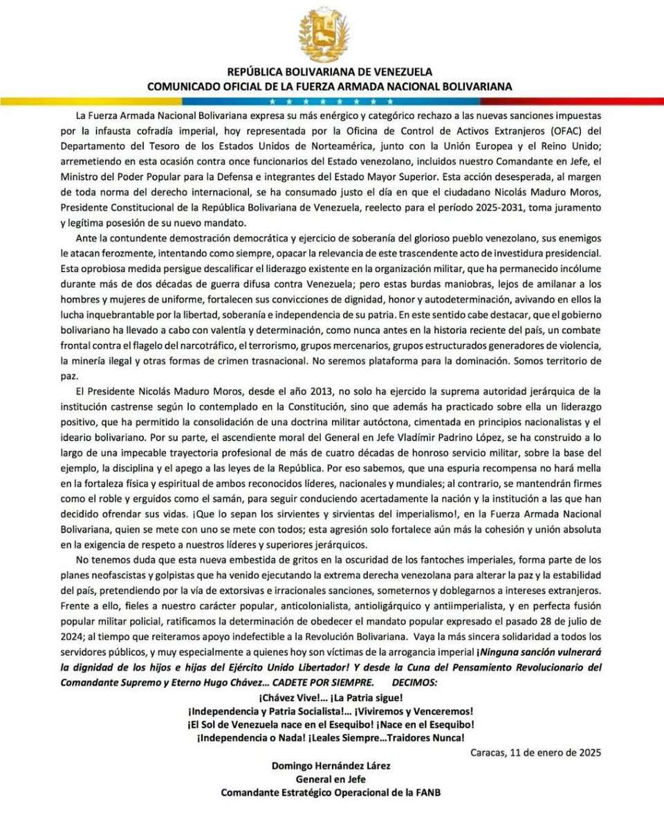 #11Ene || 📣 #IMPORTANTE 📄Comunicado Oficial de la #FANB por parte del ciudadano GJ Domingo Antonio Hernández Larez en rechazo a las nuevas sanciones impuestas por la infausta cobardía imperial representada por el Departamento del Tesoro de EE.UU. junto con la Unión Europea