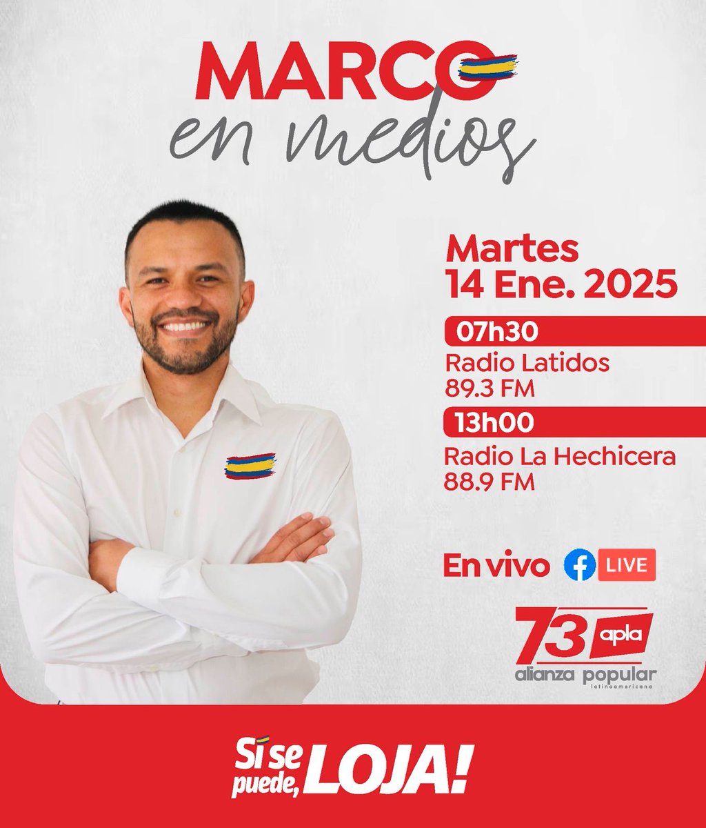 Marco_AlvaradoT's tweet photo. 📻 Martes en medios 🎤

Te invito a sintonizar @latidos89.3 y @lahechicerafm estaré dando a conocer nuestro plan de trabajo. 🫡

Propuestas reales para la Asamblea 💪🏼

#SíSePuedeLoja 🔴 🔵 🟡 🔵 🔴 https://t.co/h6EuYG4XXr