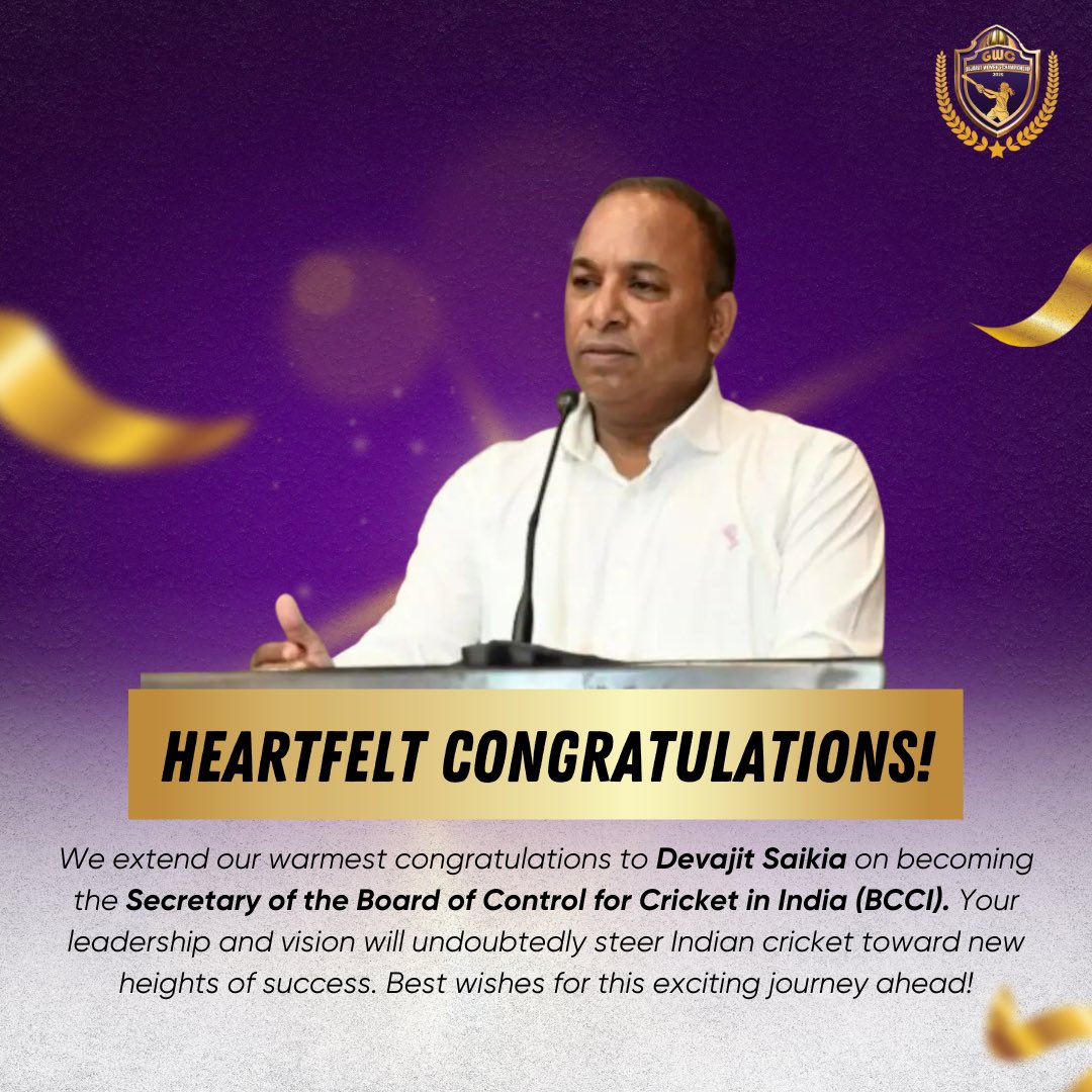 smpithawalla's tweet photo. Congrats to Devajit Saikia on becoming the BCCI Secretary. Ur leadership will take Indian cricket to new heights. Here’s to innovation, passion &amp;a brighter future! 
#DevajitSaikia #BCCISecretary #IndianCricket #CricketLeadership  #CricketFans #FutureOfCricket #BCCI https://t.co/FaWRJDdN9d