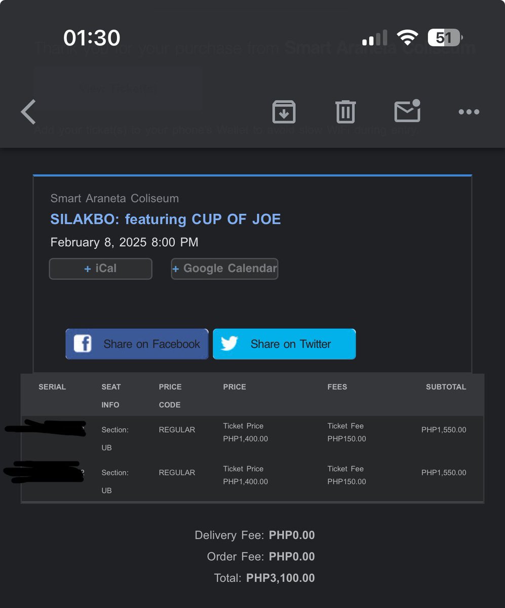 jcblacer's tweet photo. !!! WTS LFB!!!

Cup of Joe Concert Ticket Day 1 (Feb 8, 25)

Section: Upperbox (2 ticket)
Selling price: 1,550 each. If will get the 2 tix price will be 3,000

RFS: my friend was able to secure day 2 Patron

Interested buyer please comment/dm me. 

#CupOfJoe 
#Siklabo https://t.co/FwzhoHMpHZ