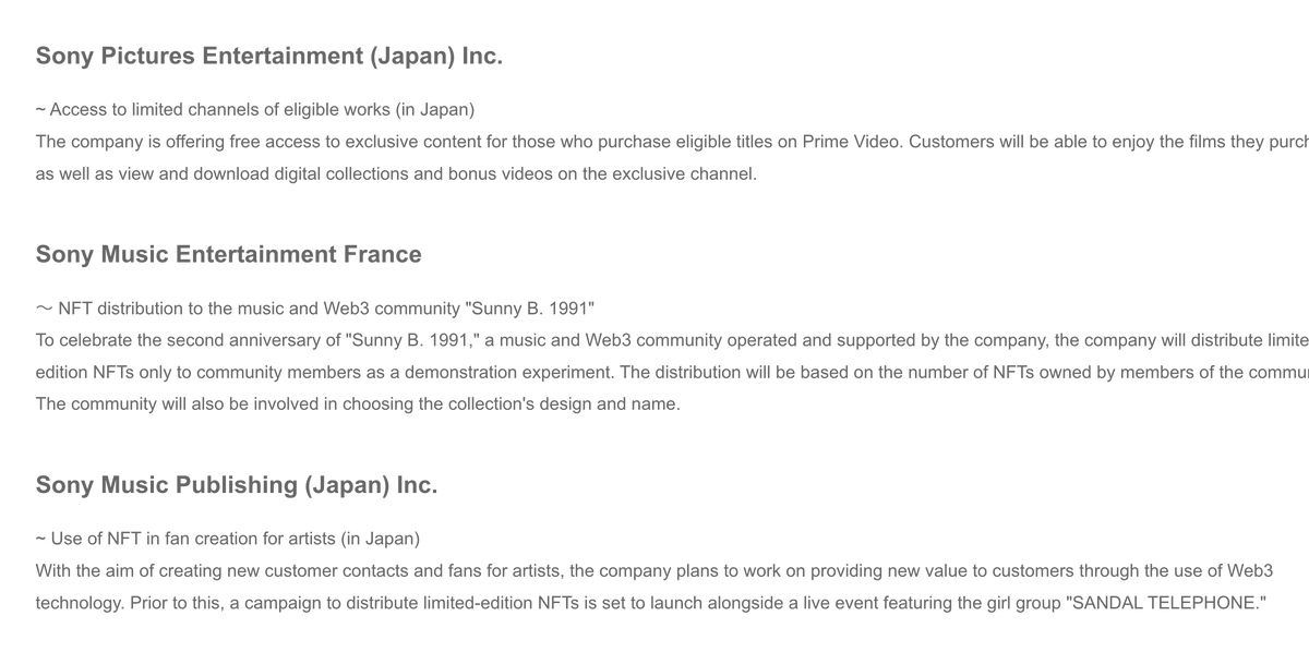 Sony Pictures Entertainment (Japan) Inc, Sony Music Entertainment France, Sony Music Publishing (Japan) Inc, and S.BLOX, Sony's crypto exchange are coming to onchain together with <a href="/soneium/">Soneium 💿</a>.

LFG!
