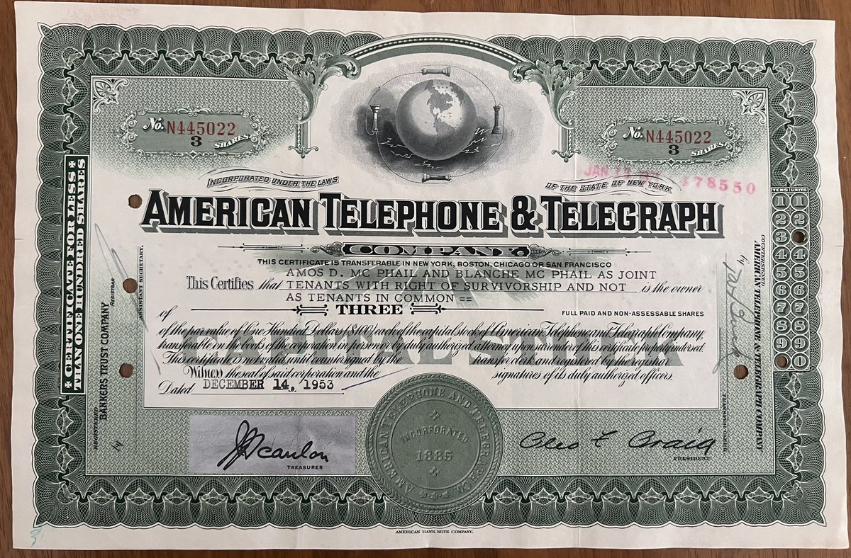 Thanks <a href="/WriteAheadLog/">Adam Fletcher</a> for the awesome gift!  ATT stock certificate from the 50s