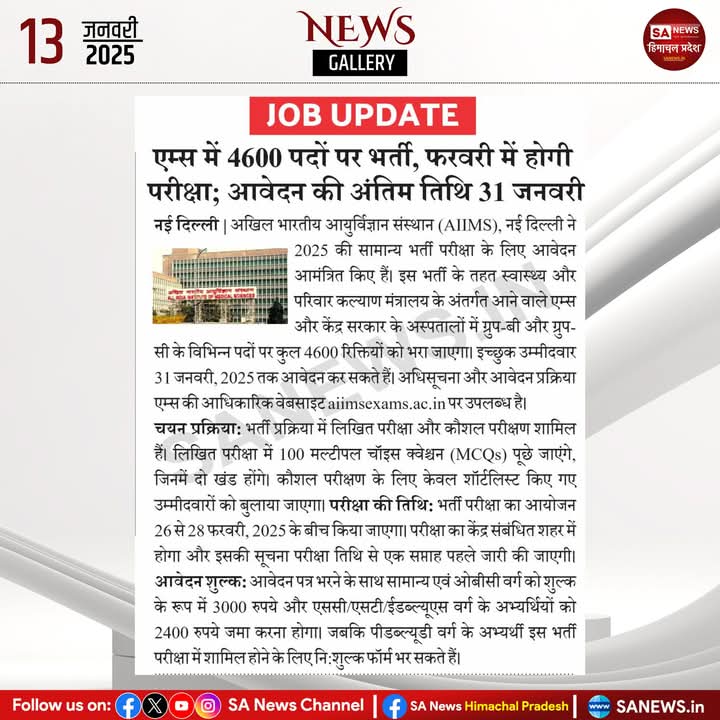 sanewshimachal's tweet photo. Job Update: एम्स में 4600 पदों पर भर्ती, फरवरी में होगी परीक्षा; आवेदन की अंतिम तिथि 31 जनवरी

#AIIMSRecruitment #JobUpdate #AIIMSJobs #ApplicationDeadline #jobalert #sanewshimachalpradesh https://t.co/GL0JEUc04q