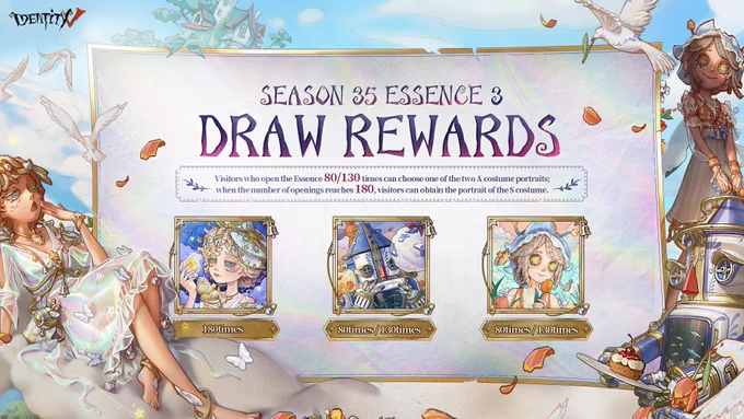 Dear Visitors,Dreams ride the wind! Season 35 Essence 3 Draw Rewards are here!Open Essences 80/130/180 times to claim these wonderful portraits!#IdentityV #Season35 #DrawRewards 