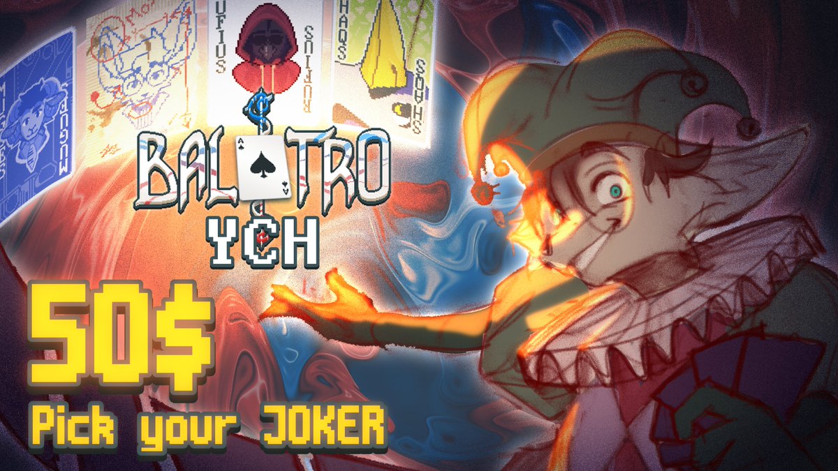 Mox__Art's tweet photo. ♠️♥️BALATRO YCH♣️♦️

Pick your JOKER for me to customize into your OC
- Mod compatible (Resolution: 71x95px)
- Any gender or species

🃏 Just sent me a DM 🃏 https://t.co/zo8yfAwqxD