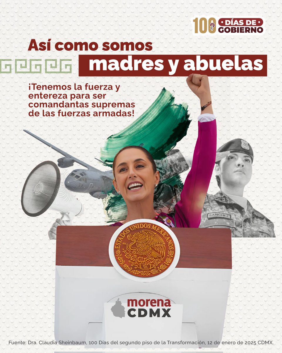 MorenaCiudadMex's tweet photo. 💪🏽 La fuerza también es femenina 🫶🏽

Las mujeres están listas para liderar en todos los niveles. Desde cuidar a sus familias hasta ocupar los más altos cargos del país. Su compromiso y valentía también las respaldan para ser Comandantas Supremas de las Fuerzas Armadas. 🇲🇽
¡El liderazgo no tiene género! 🙌🏽

#Igualdad #FuerzaFemenina #100DíasPresidenta #EsTiempoDeMujeres