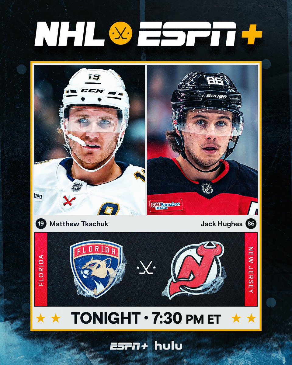 A pair of 🇺🇸 #4Nations Face-Off teammates go head-to-head on <a href="/ESPNPlus/">ESPN+</a> and Hulu when Jack Hughes and the Devils welcome Matthew Tkachuk and the Panthers to Prudential Center. #NHLStats