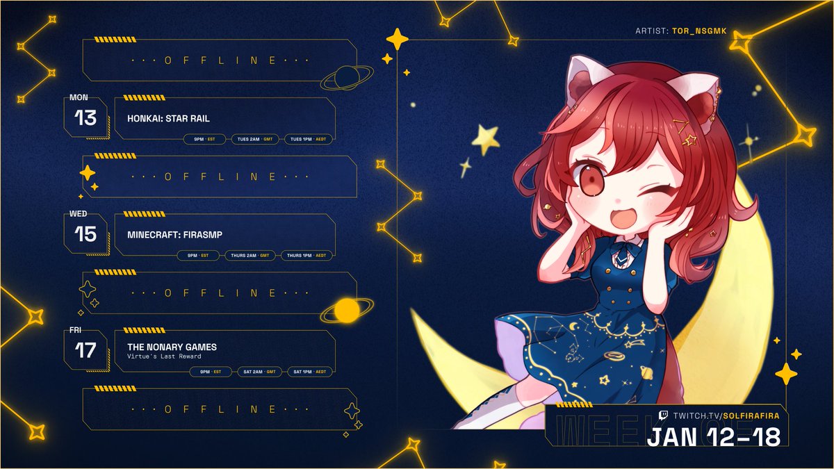 solfirafira's tweet photo. 【01/12–01/18】 ☄️ This Week's Stream Schedule
📺 /solfirafira ⋆ #firaLIVE
-----
Note that there's no stream on thursday this week~ https://t.co/q6PdRSGyfu