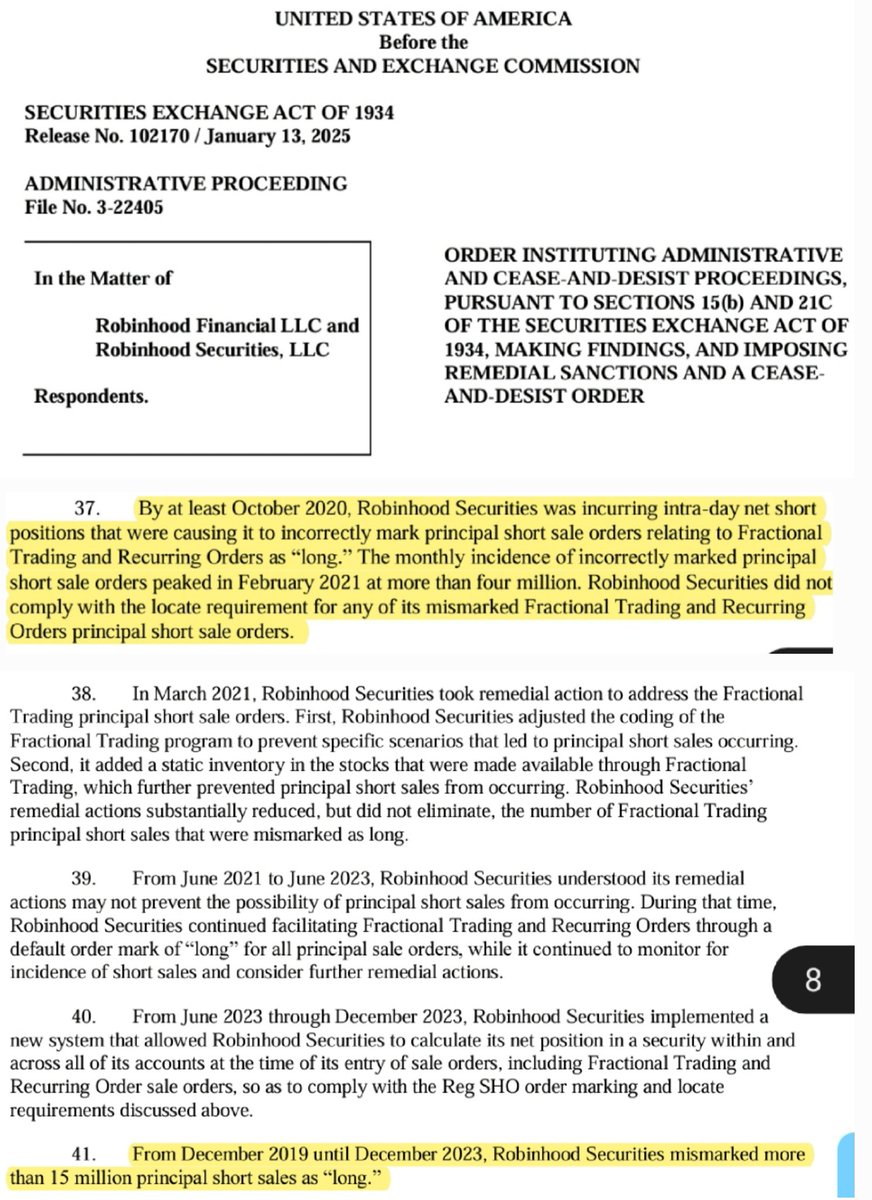 BREAKING NEWS:
JAN 13, 2025 
SEC Robinhood Naked Short Selling

"Dec 2019 - Dec 2023, Robinhood mismarked more than 15 million principal short sales as “long.”

...did not comply w/ locate reqs for any...mismarked Fractional Trading &amp; Recurring Orders principal short sale orders"