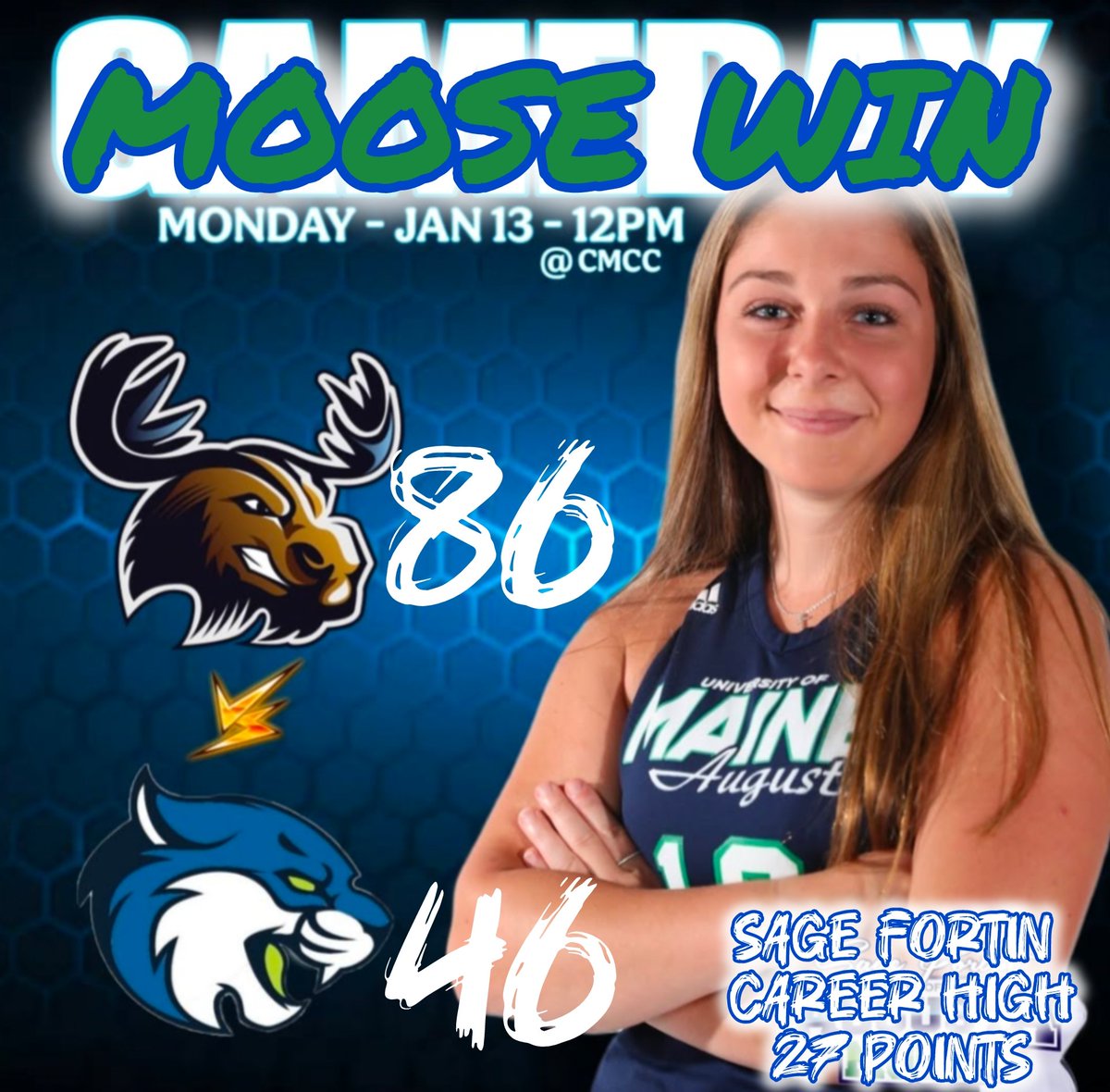 Make it 8 straight! Moose dominated for four quarters and cruised to an 86-46 victory over Bryant &amp; Stratton - Albany. The Moose improve to 12-2 on the season.

Game ⭐ 
Sage Fortin: 27 Points (Career High) 7 Rebounds 
Alisyn Alley: 19 Points 8 Assists 5 Rebounds