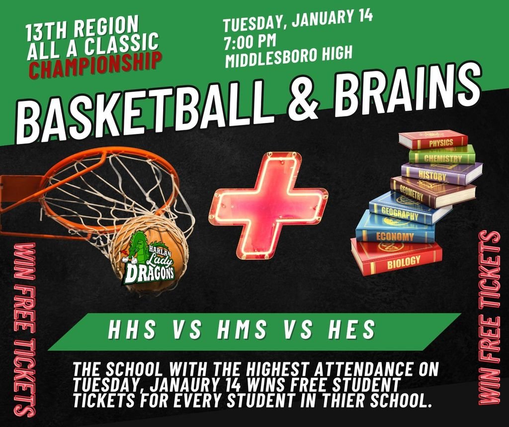 HHS vs Middlesboro 
Tuesday, January 14 @ 7PM

Show up and show out tomorrow. The school with the highest attendance wins free student tickets for every student in their school. 

#MoreThanASchool #FamilyofDragons #Back2Back