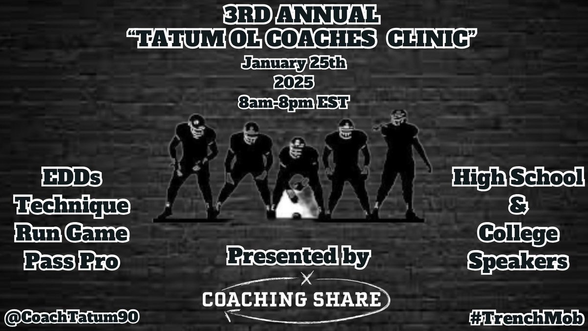 CoachTatum90's tweet image. A3)
We’re a bit biased buuuuut the Tatum OL Coaches Clinic on January 25th!
24 quality speakers from 8am-8pm
Completely FREE &amp;amp; ONLINE!
DM me for info!
#hogfbchat