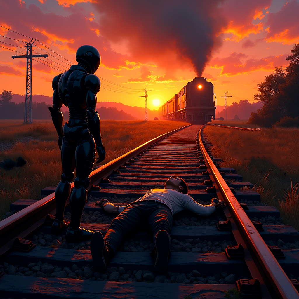 Geremint's tweet image. 🅵🅸🅽🅰🅻 🆂🅾🅻🆄🆃🅸🅾🅽
Sometimes you have to eliminate the competition! 🤖🚂💥 #SciFi #AIStory #AndroidArt #NFT #Drop #SciFiAesthetic #DigitalHumanity #Futurism #Art ✨🔵🟡🔴