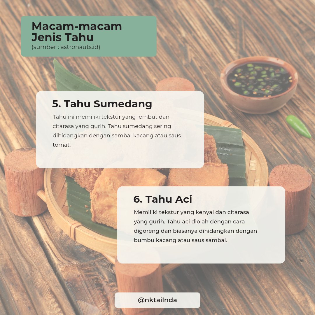 nktailnda's tweet photo. Tahu merupakan makanan yang terbuat dari kedelai yang diolah menjadi kepingan bulat atau kotak. Tahu cocok diolah dengan berbagai cara, seperti dijadikan olahan gorengan, sup, sate atau ditambahkan pada makanan lainnya.

Sumber : https://t.co/vwOny2kEdc https://t.co/bqk4ABVSOZ
