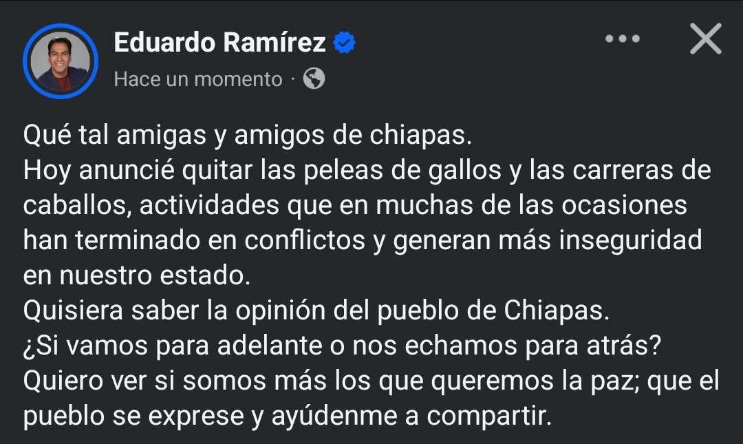 kikeramos's tweet photo. Cómo parte de la estrategia de seguridad, el gobernador de #Chiapas @ramirezlalo_ anunció está tarde la prohibición de las peleas de gallos y carreras de caballos. A través de sus redes sociales pidió que la población sea quien se exprese para mantener esta decisión o anularla. https://t.co/u0eHyeL2Pq
