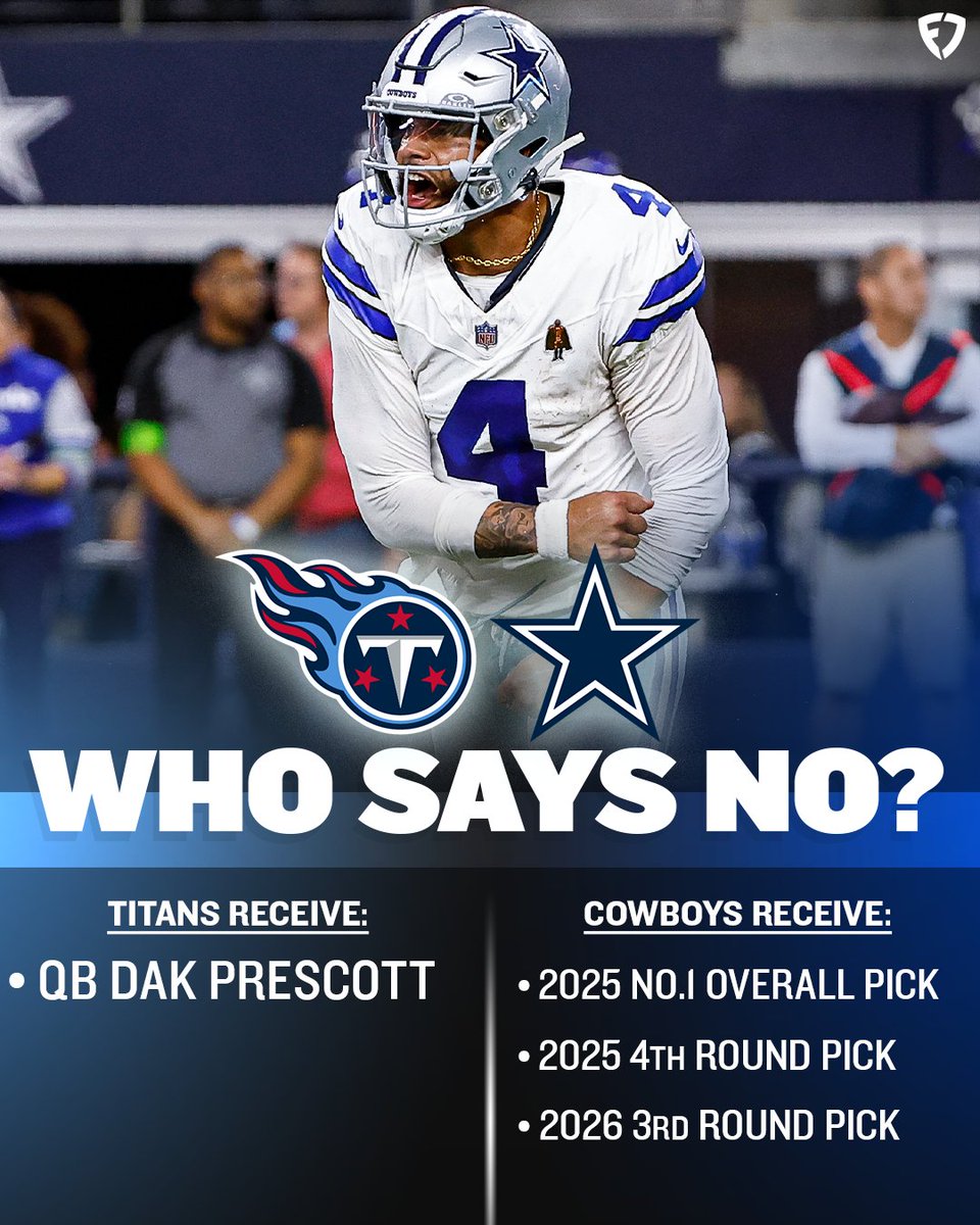 FDSportsbook's tweet image. IMAGINE 🤯

Deion Sanders becomes the Cowboys head coach, trades Dak to the Titans for the No.1 overall pick and drafts Shedeur Sanders 🍿

#DallasCowboys | #TitanUp
