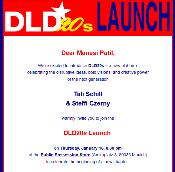 _manasipatil_'s tweet photo. Honoured to have been invited to the DLD Conference 2025 and the launch of DLD20 in Munich, Germany. It's a by invite only application process for attendees. 
Unfortunately, I won't be able to attend due to a delay in the visa procedures, which is, honestly, a bummer :/ https://t.co/TcPChvII89