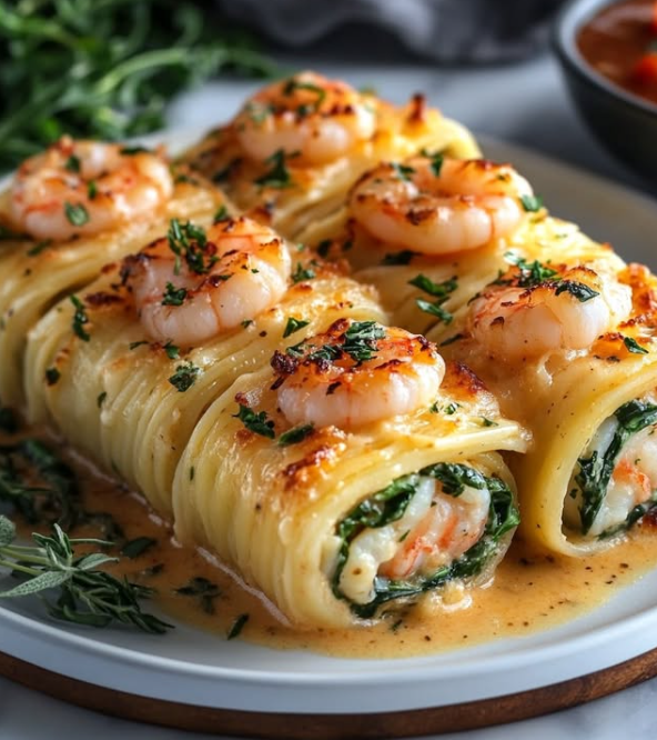 Shrimp and Spinach Stuffed Pasta Rolls