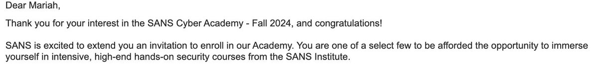 So happy to share that I’ve been accepted into <a href="/SANSCyberAcad/">SANS Cyber Academy</a> ! 🎉 I’m beyond excited and incredibly grateful to both <a href="/SANSInstitute/">SANS Institute</a> and <a href="/teneikaask_you/">Teneika Askew | Analytics & Automation</a> for sharing this opportunity! 🙏🏾 

Can’t wait to team up with SANS and see where this journey takes me 😁#SANSCyberAcademy