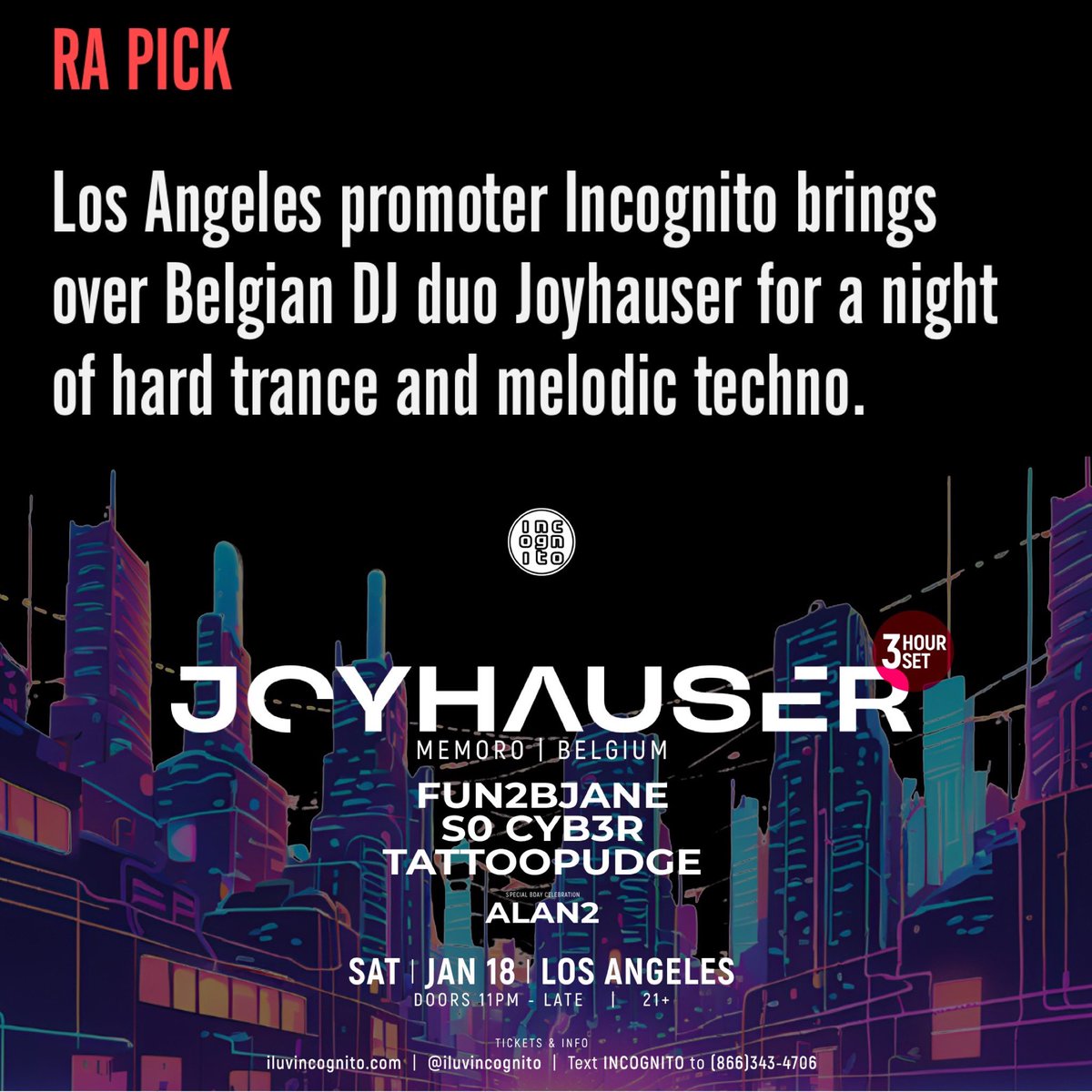 On Saturday January 18, INCOGNITO starts 2025 starring global techno stars <a href="/Joyhauser1/">Joyhauser</a> plus <a href="/fun2bjane/">jane</a> <a href="/tattoopudge/">jose juarez</a> @s0cyb3r

Get your tix at:
👉 Link in Bio or RA
👉 ra.co/promoters/274

For free uber codes, extended happy hours &amp; more:
👉 text 'INCOGNITO' to tel:8663434706