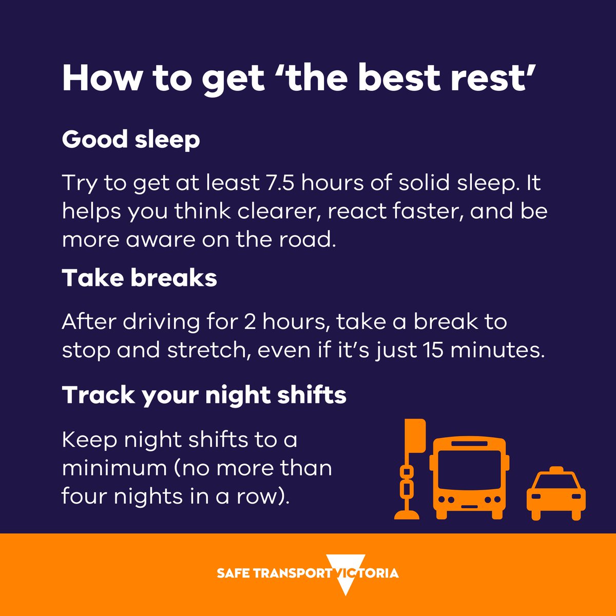 After being awake for 17 hours you will be impaired to the same level as someone with a blood alcohol concentration of 0.05.

Read more: go.vic.gov.au/3QdVHS0
