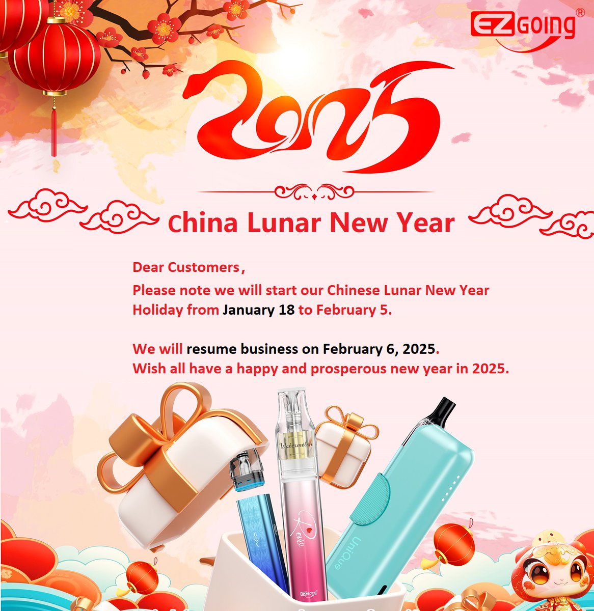 AliceCu8's tweet photo. Chinese Lunar New Year
Holiday from Jan. 18th to Feb. 5th.
We will resume business on Feb. 6th, 2025.
Wish all have a happy and prosperous new year in 2025!
#newyar #chinanewyear #newyeargift #bestwish2025 #vape2025 #refillablepod #vapingdevice #ecigarette #ezgoing #flavorking https://t.co/DUPEgE56nA