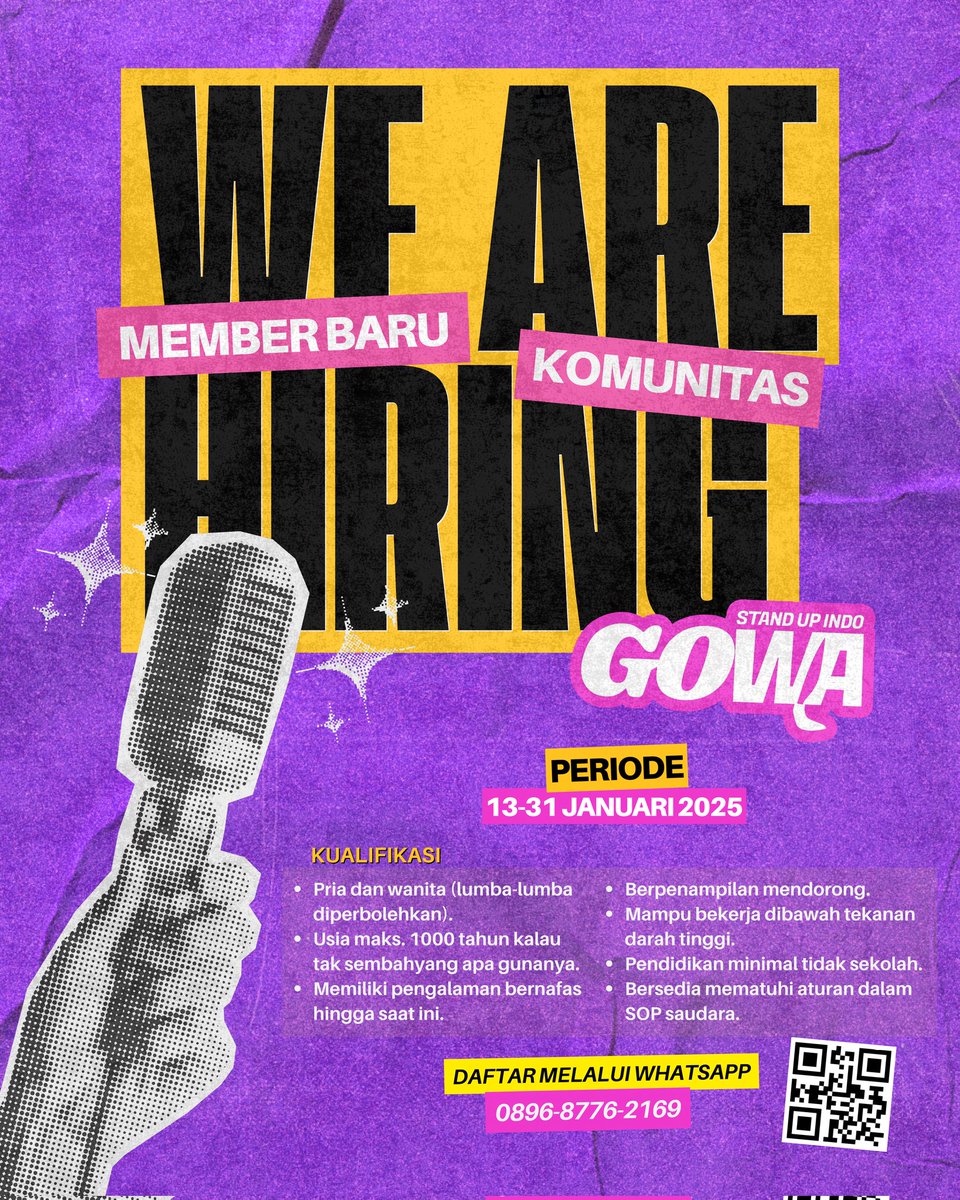 Untuk kalian semua yang hidupnya lucu lucu, Komunitas Standupindo Gowa sedang membuka pendaftaran anggota baru! 🎉

📅 Periode Pendaftaran: 13-31 Januari 2025.
📲 Daftar sekarang melalui WhatsApp: 0896-8776-2169 atau scan barcode di bawah.
#StandupindoGowa
#RewakoGowa