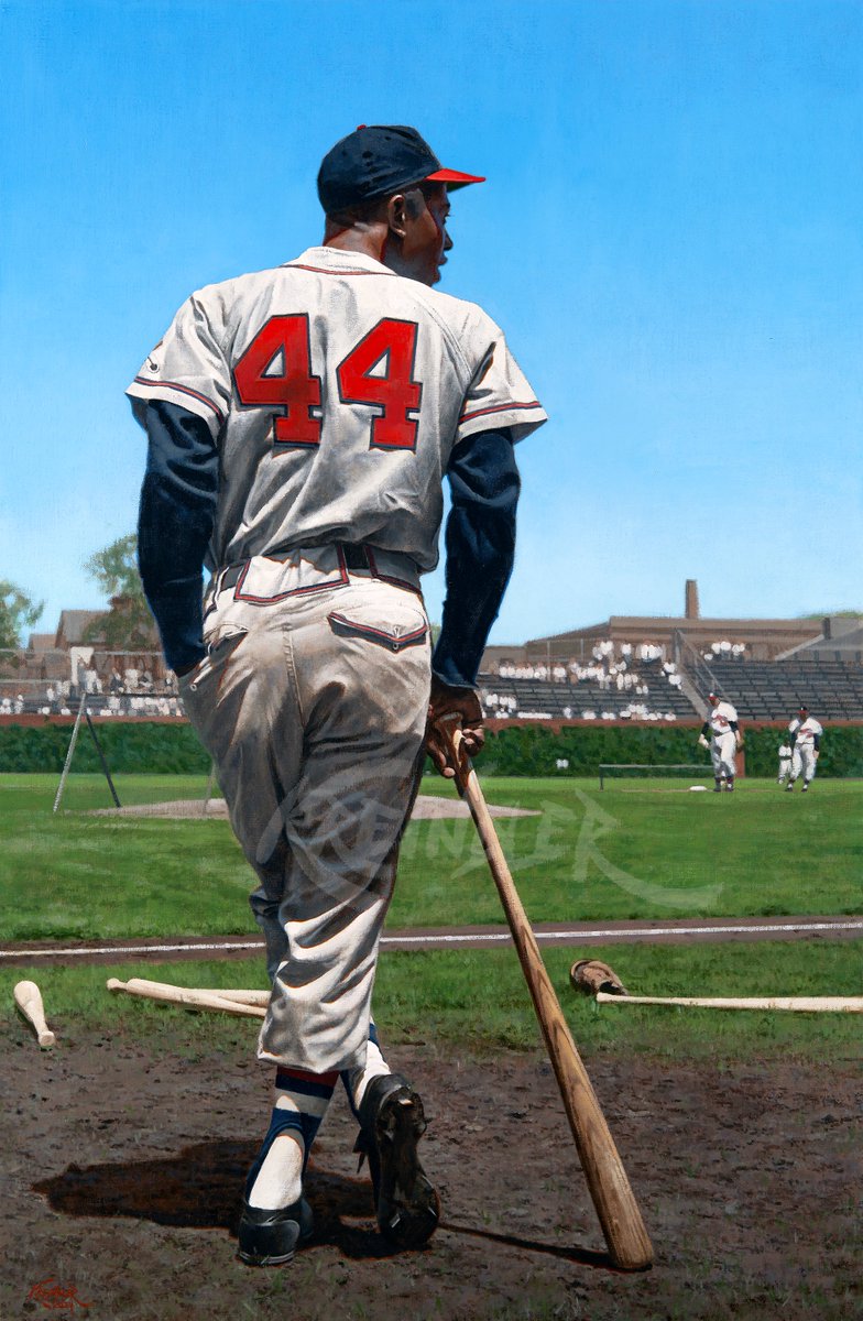 GraigKreindler's tweet photo. #OTD in 1982, the great Henry Aaron was elected to the Baseball Hall of Fame in his first year of eligibility, receiving 97.8% of the vote. Here's my painting of him at Wrigley Field in late May of 1957, based on the photography of George Silk. https://t.co/f4yUkCFy05