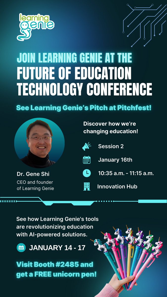 LearningGenie's tweet photo. Join us at the Future of Education Technology Conference to see how Learning Genie is changing education!

Discover how our AI-powered tools are revolutionizing education at our session on January 16th! 

Visit us at booth #2485 and get a FREE unicorn pen! 🦄

 #FETC2025 https://t.co/Amkc3nwBfL