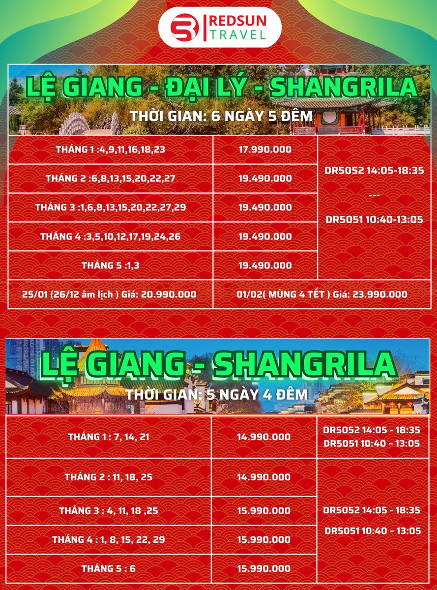 AnTravel8's tweet photo. 🔥 KHÁM PHÁ LỆ GIANG - SHANGRILA CÙNG REDSUN TRAVEL!
✈️ Tour 6N5Đ từ 17.990.000 VNĐ | Tour 5N4Đ từ 14.990.000 VNĐ
🎉 Tết Nguyên Đán chỉ 20.990.000 VNĐ (Mùng 4 Tết 23.990.000 VNĐ)
📅 Khởi hành linh hoạt.
📲 Liên hệ: 0844445224 (Duy An RedSun Travel) https://t.co/XTFLfpTwek