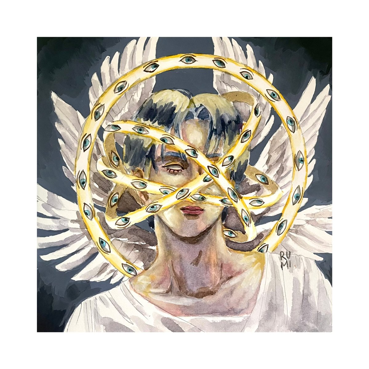 Les Célestes; Xdinary Heroes Angel series.

(3/6) Oh Seungmin the Thrones. 

20 x 20 cm | Watercolor &amp; Gouache on paper. 

Osumi, mother of the group, is the best fitting as a Thrones since they manage the harmony of the cosmos 🙂‍↕️

In collaboration with <a href="/jooyeonjooyeoff/">공허 주연 🦝🇻🇪</a> 🤘🏼