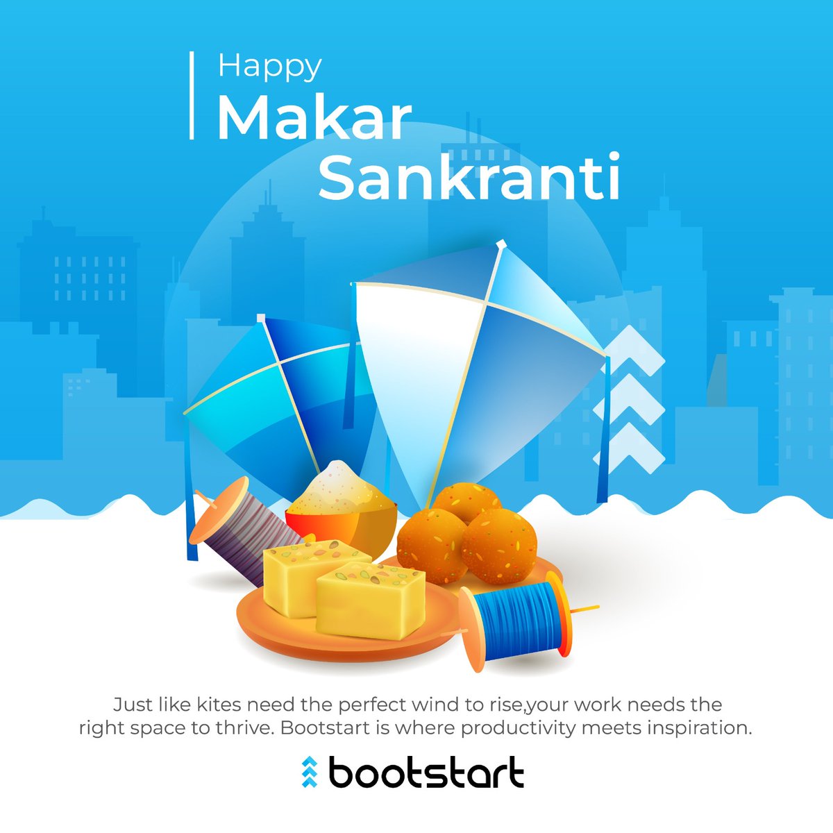 BootstartCowork's tweet photo. This Makar Sankranti, as kites fill the skies, we’re reminded of the power of the right environment to help us soar.

At Bootstart, we create workspaces that let your ideas take flight—flexible, inspiring, and designed to help you reach new heights.

Happy Makar Sankranti! ✨ https://t.co/Xp8z5298qv