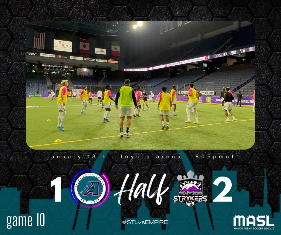 stlouisambush's tweet photo. Halftime Update

It’s a tight battle at the break! Ambush trail the Empire Strykers 2-1 after an intense first half.

Stay tuned as the team fights back in the second half. Let’s go, Ambush! 💚🖤

#AmbushNation #GoAmbush #MASL https://t.co/pAdn1zKveD