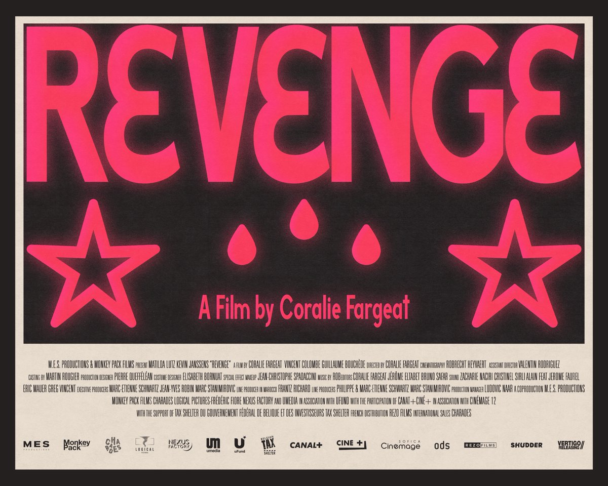 Revenge, a film by Coralie Fargeat. 

The top section is a business card I designed (inspired by one of the early scenes), the two stars to represent Jen's earrings, and the three drops of blood to represent the obvious (those motherfuckers had to die).