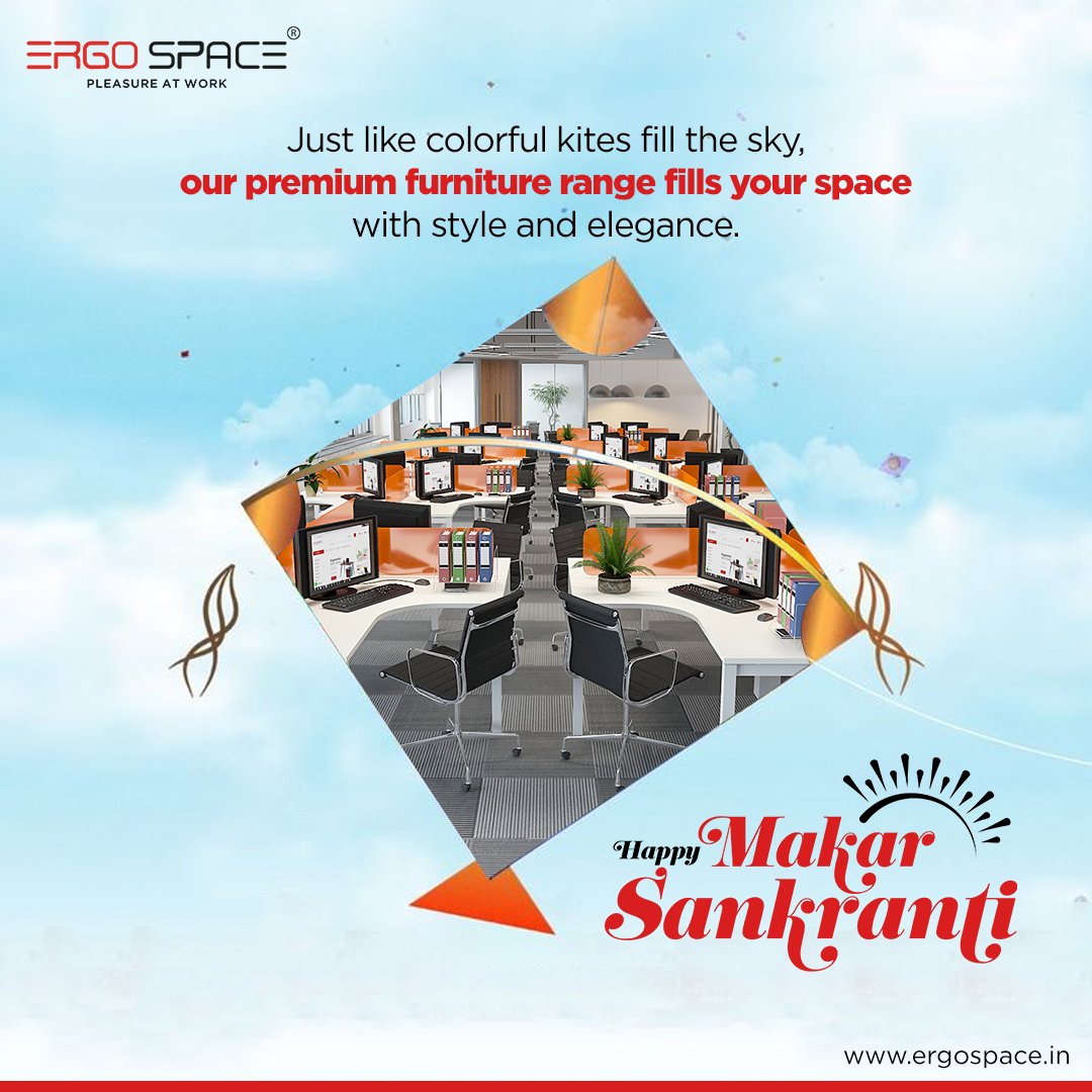 ergospaceindia's tweet photo. "🌞 This Makar Sankranti, let's rise and shine like the soaring kites in the sky! At Ergo Space, we aim to elevate your workspace comfort to new heights.🌾✨ #ErgoSpace #MakarSankranti #WorkComfortably #SoarHigh" https://t.co/7vAq05v73x