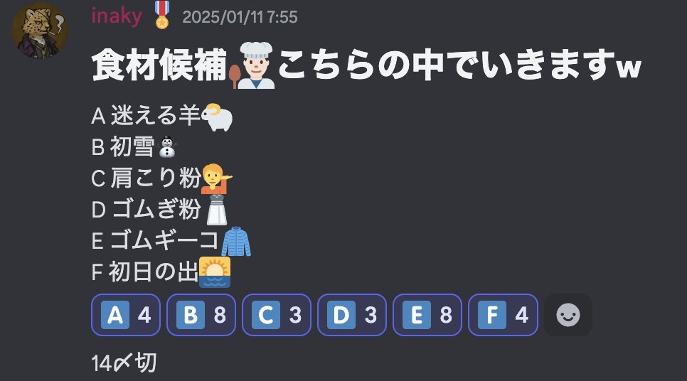 pv_to_mit's tweet photo. 4/
幹部No.017 シュネル/Schnell @inaky_40  さんが運営する⁠ ⁠🤤｜schnellの闇メニュー開発室  ⁠！

1月の食材の投票本日〆切🚨！
あの食材がこのまま突っ走る❄️ 🧥 ?

部屋に遊びにきて希望の食材にポチッとするだけ！
おはゲロ〜🤮』と気軽に遊びに来てください！

現在の投票状況はこちら👇 https://t.co/0scMc9jJVf