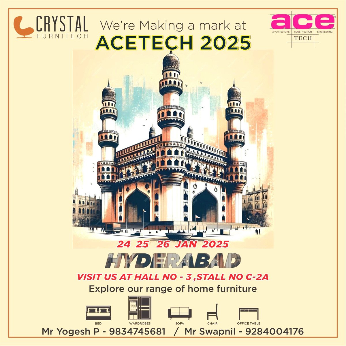 CrystalFurnitek's tweet photo. We are thrilled to invite you to visit our booth at 𝐀𝐂𝐄𝐓𝐄𝐂𝐇 𝟐𝟎𝟐5, one of the largest and most prestigious exhibitions at Hitex Exhibition Center, Hyderabad. Explore our latest range of home and office furniture solutions, where style meets comfort and functionality. https://t.co/rplMWYkplN
