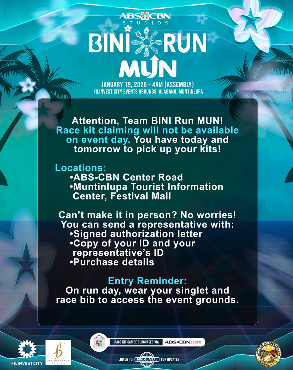 #BINI : Race kit redemption is still on!🏃‍♀️ Takbo na sa ABS-CBN Center Road or Muntinlupa Tourist Information Center to pick up your #BINIRunMUN kit!🌸

‘Til tomorrow na lang ‘to, so grab yours before time runs out! ⏳ Kita-kits! 😉

#BINItasticNaEnero
