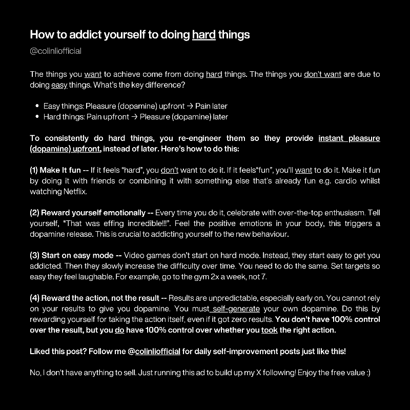 colinliofficial's tweet photo. How to addict yourself to doing hard things: https://t.co/mOYhIc3h3I