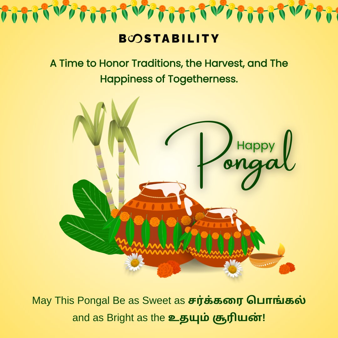 Boostabilitycbe's tweet image. Pongal is here to remind us of the blessings of nature and the joy of togetherness. It isn&apos;t just a festival; it&apos;s a way of gratitude and joy. Wishing everyone a harvest full of happiness and prosperity.          
#HappyPongal #Boostability #Pongal #Harvest #PongalPandigai